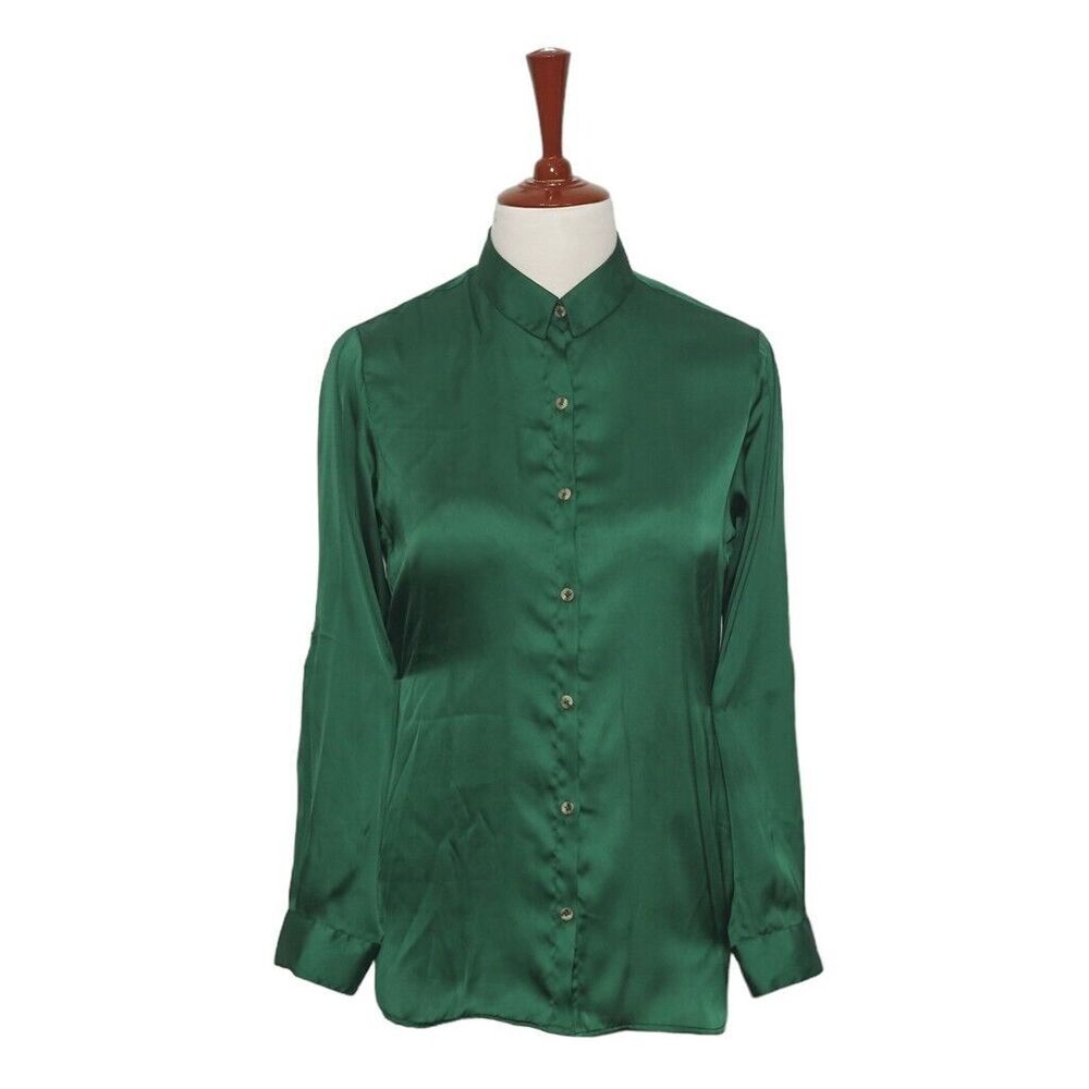 Womens Silk Shirt Button Up Green Lightweight Dress Casual Summer Top Medium - Picture 1 of 7